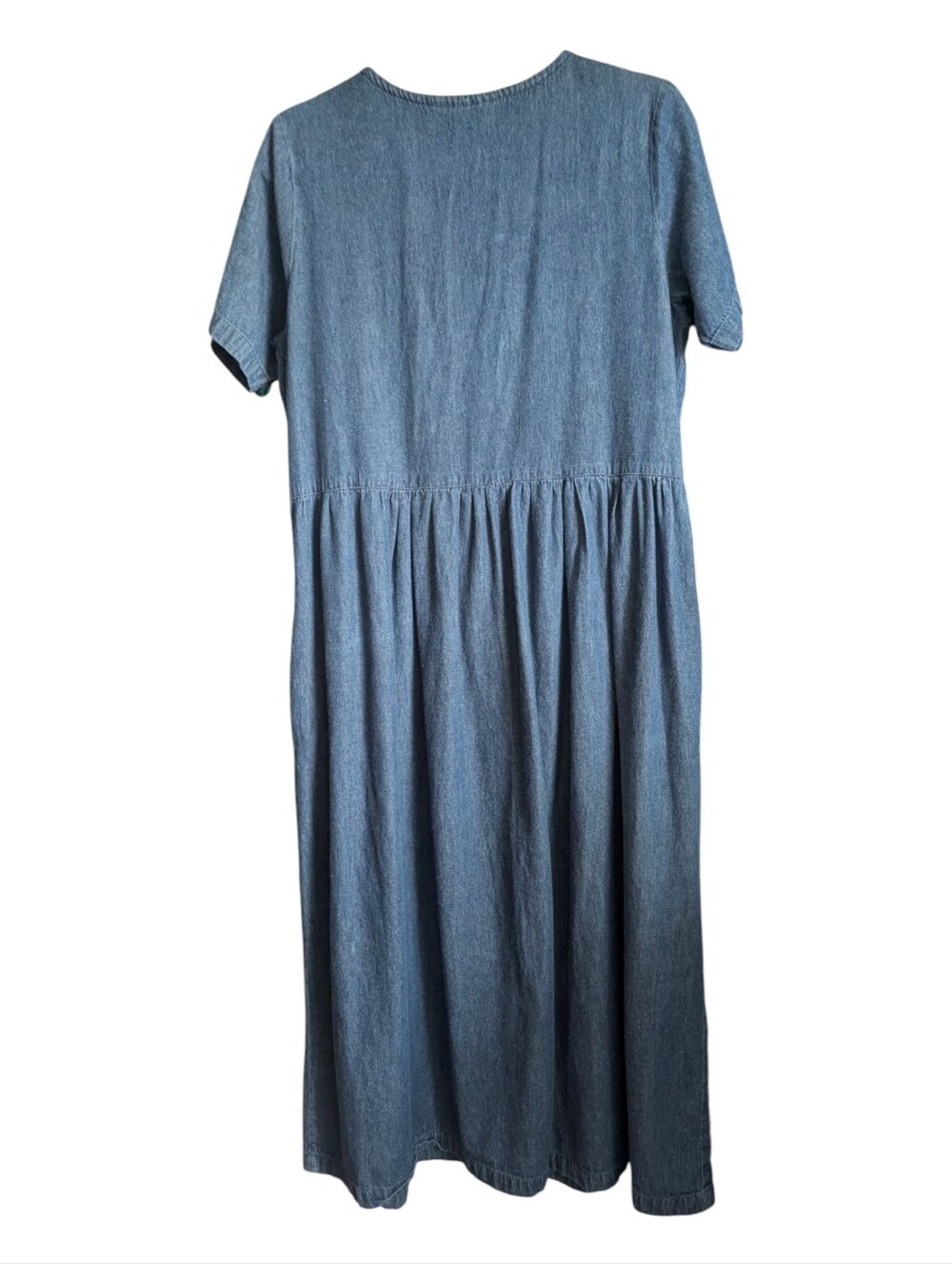 M • Vintage • Blue Denim Midi Dress with Shades Of Green Floral Embroidery - Picture 3 of 5